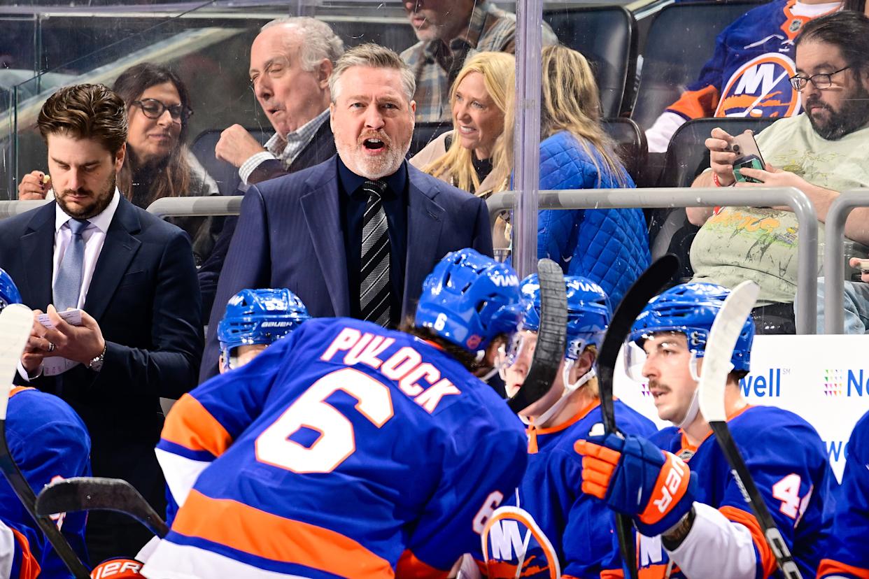 Head coach Patrick Roy of the New York Islanders reacts during the first period against the Philadelphia Flyers at UBS Arena on April 03, 2026 in Elmont, New York. 