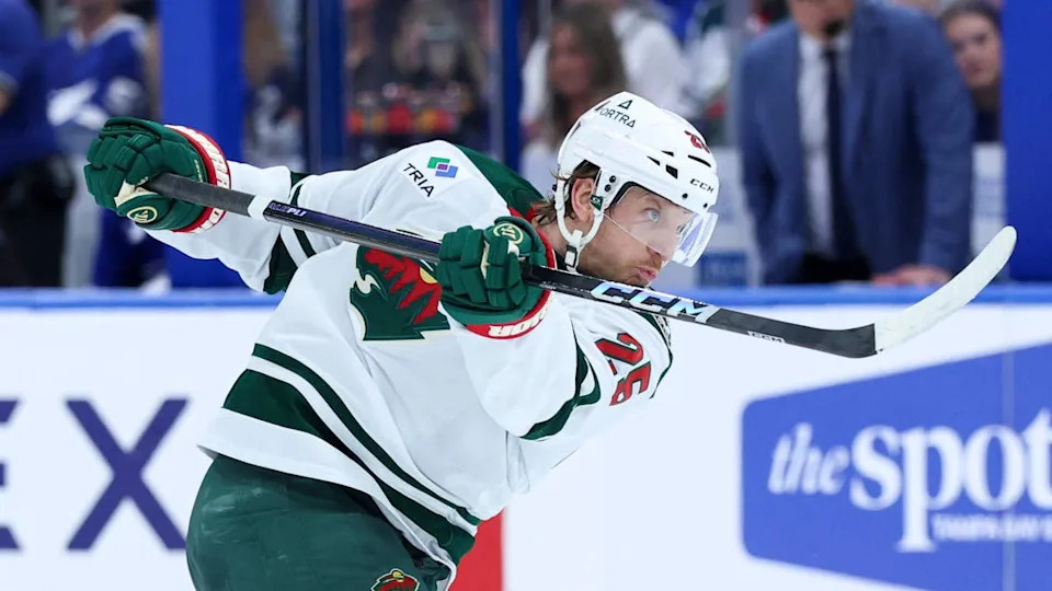 Minnesota Wild defenseman <a class="link " href="https://sports.yahoo.com/nhl/players/5371/" data-i13n="sec:content-canvas;subsec:anchor_text;elm:context_link" data-ylk="slk:Jonas Brodin;sec:content-canvas;subsec:anchor_text;elm:context_link;itc:0" data-yga="{"yLinkElement":"context_link","yModuleName":"content-canvas","yLinkText":"Jonas Brodin","ySubModuleName":"anchor_text","yHasCommerce":false}">Jonas Brodin</a> (25) shoots the puck.Nathan Ray Seebeck-Imagn Images