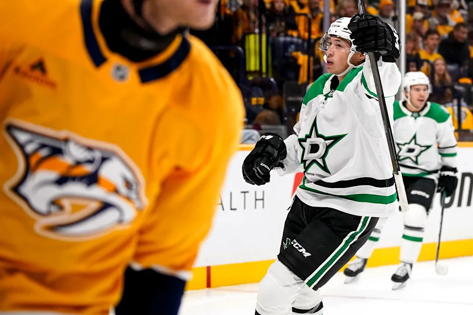Dallas Stars left wing Jason Robertson (21) celebrates his goal against the Nashville Predators during the second period at Bridgestone Arena in Nashville, Tenn., Thursday, Oct. 10, 2024.