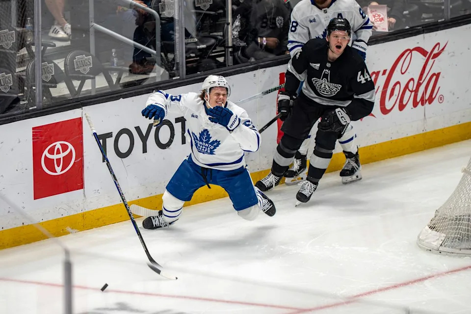 Los Angeles Kings defenseman Mikey Anderson (44) shouting after elbowing an opponent during an NHL hockey game against the Toronto Maple Leafs on April 4th, 2026 in Los Angeles, CA.