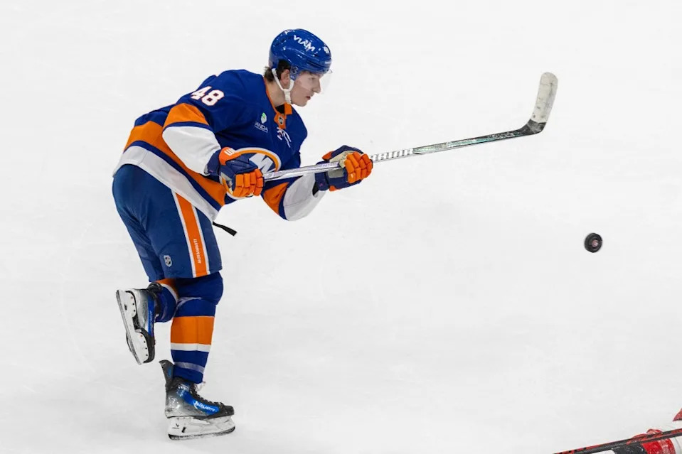 <a class="link " href="https://sports.yahoo.com/nhl/teams/ny-islanders/" data-i13n="sec:content-canvas;subsec:anchor_text;elm:context_link" data-ylk="slk:New York Islanders;sec:content-canvas;subsec:anchor_text;elm:context_link;itc:0" data-yga="{"yLinkElement":"context_link","yModuleName":"content-canvas","yLinkText":"New York Islanders","ySubModuleName":"anchor_text","yHasCommerce":false}">New York Islanders</a> defenseman Matthew Schaefer (48) shoots during the third period against the <a class="link " href="https://sports.yahoo.com/nhl/teams/carolina/" data-i13n="sec:content-canvas;subsec:anchor_text;elm:context_link" data-ylk="slk:Carolina Hurricanes;sec:content-canvas;subsec:anchor_text;elm:context_link;itc:0" data-yga="{"yLinkElement":"context_link","yModuleName":"content-canvas","yLinkText":"Carolina Hurricanes","ySubModuleName":"anchor_text","yHasCommerce":false}">Carolina Hurricanes</a> at UBS Arena, Tuesday, April 14, 2026, in Elmont, NY. Corey Sipkin for the NY POST