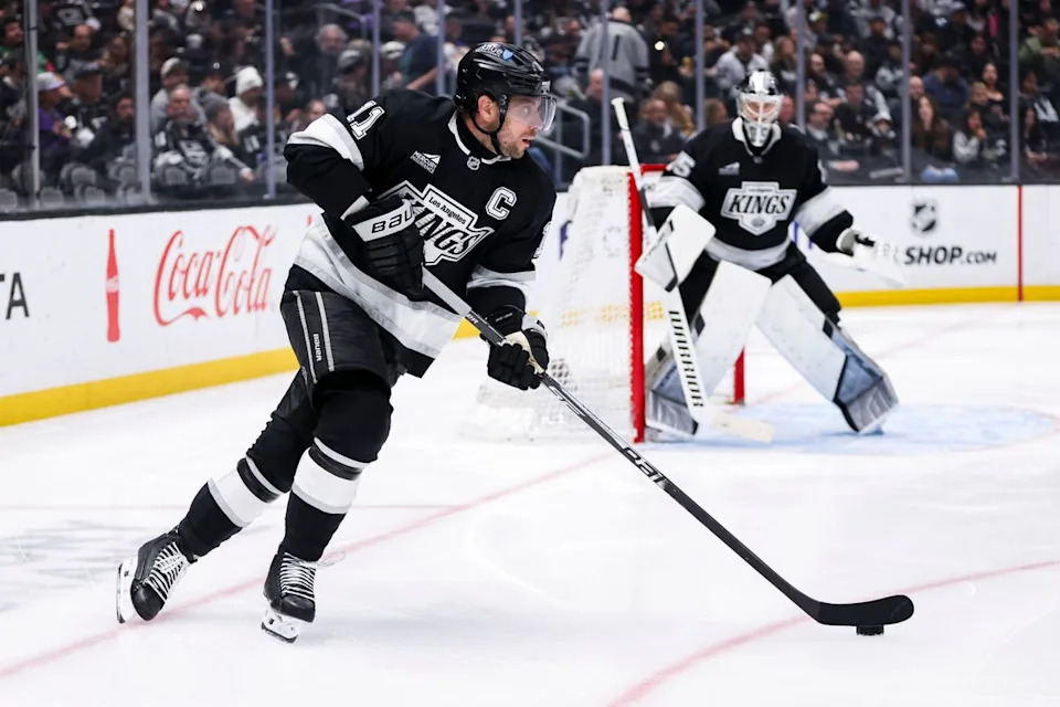 Anze Kopitar #11 of the Los Angeles Kings handles the puck during an NHL hockey game against the Nashville Predators, Thursday April 2, 2026 in Los Angeles, Calif.
