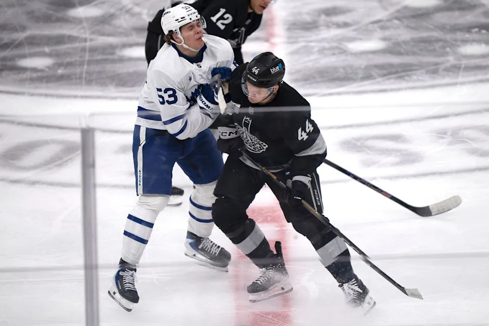 Los Angeles Kings defenseman Mikey Anderson (44) pushes a Maple Leaf opponent during an NHL hockey game against the Toronto Maple Leafs on April 4th, 2026 in Los Angeles, CA.