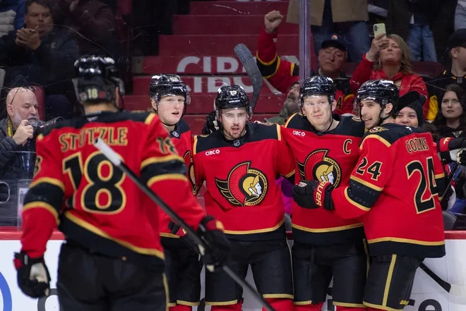 Mar 26, 2026; Ottawa, Ontario, CAN; Ottawa Senators right wing Drake Batherson (19) celebrates with center Tim Stutzle and defenseman Carter Yakemchuk and left wing Brady Tkachuk (7) and center Dylan Cozens his goal scored in the first period against the Pittsburgh Penguins at the Canadian Tire Centre.Marc DesRosiers-IMAGN Images