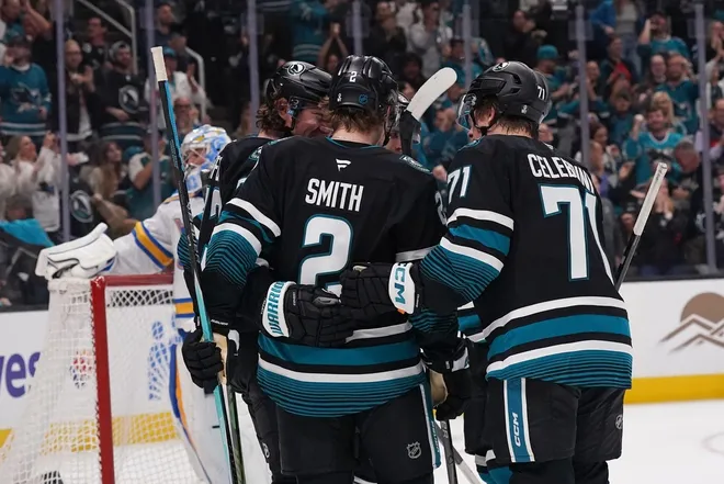 Mar 30, 2026; San Jose, California, USA; San Jose Sharks center Tyler Toffoli (73) celebrates with center Will Smith (2) and center Macklin Celebrini (71) after Toffoli asissts on a goal in the second period against the St. Louis Blues at SAP Center at San Jose.