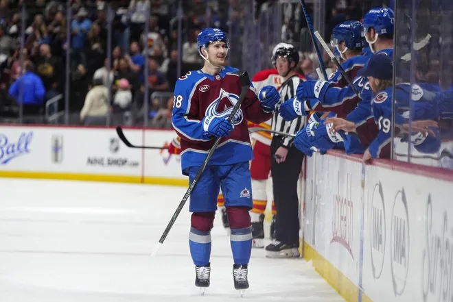 Mar 30, 2026; Denver, Colorado, USA; Colorado Avalanche center Martin Necas (88) celebrates his goal scored in the third period against the Calgary Flames at Ball Arena.