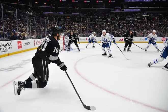 Apr 4, 2026; Los Angeles, California, USA; Los Angeles Kings left wing Artemi Panarin (10) controls the puck against the Toronto Maple Leafs during the second period at Crypto.com Arena.