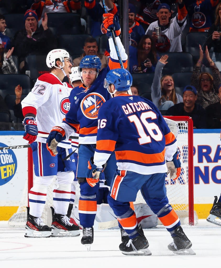 Casey Cizikas #53 of the New York Islanders celebrates his third period goal against the Montréal Canadiens at UBS Arena on April 12, 2026 in Elmont, New York. Getty Images