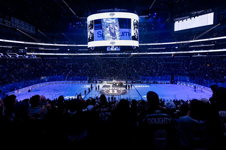Anze Kopitar #11 of the Los Angeles Kings is honored for his twenty years with the franchise before an NHL hockey game against the Nashville Predators, Thursday April 2, 2026 in Los Angeles, Calif.