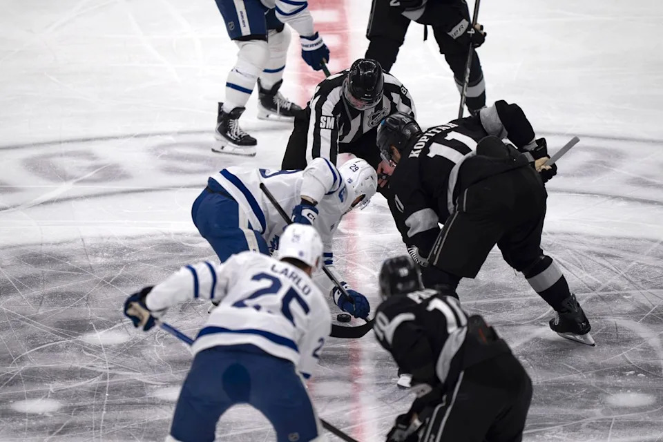Los Angeles Kings center Anze Kopitar (11) faces off for puck drop during an NHL hockey game against the Toronto Maple Leafs on April 4th, 2026 in Los Angeles, CA.