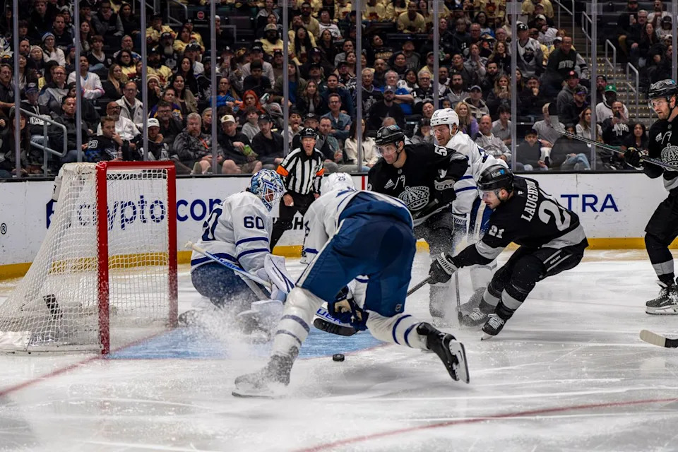 Toronto Maple Leafs goalie Joseph Woll (60) blocking a goal attempt during an NHL hockey game against the Los Angeles Kings on April 4th, 2026 in Los Angeles, CA.