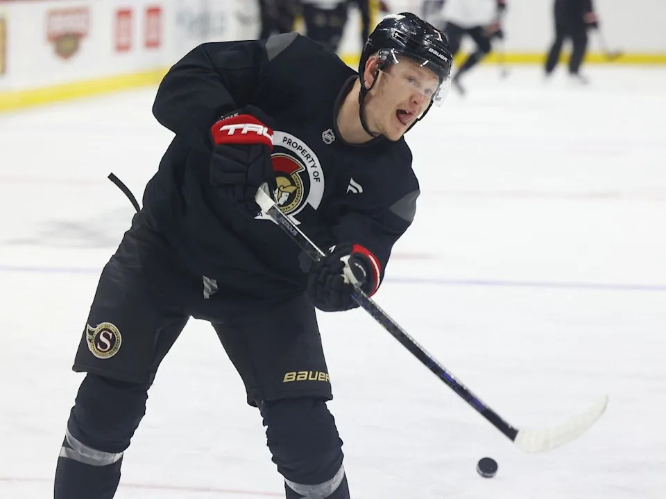  Ottawa Senators captain Brady Tkachuk during practice at the Canadian Tire Centre in Ottawa on Tuesday.