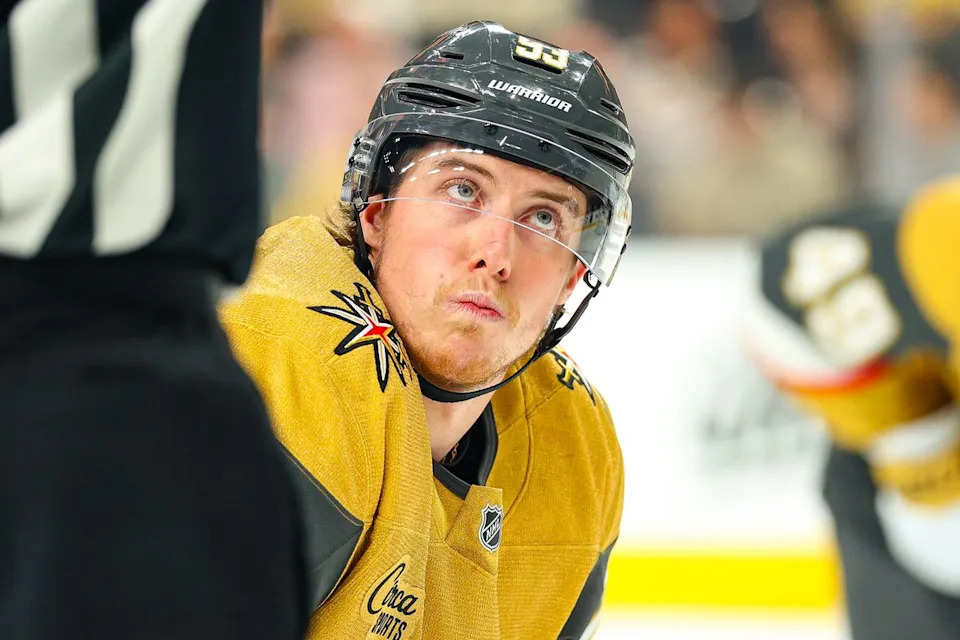 Vegas Golden Knights F Mitch Marner (93) watches the puck prior to a face-off draw against the Vancouver Canucks on Monday, March 30, 2026, in Las Vegas, Nevada.