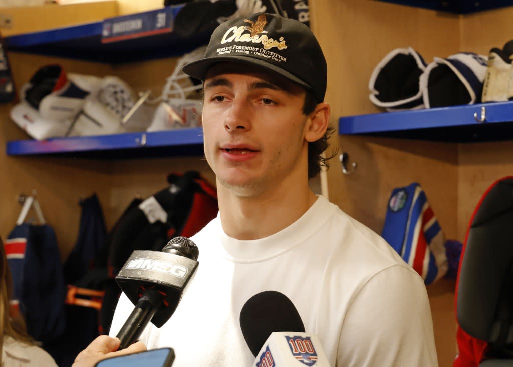 Braden Schneider, talking with reporter, says he would “love” to remain a Ranger and be part of the team’s retooling. Robert Sabo for New York Post