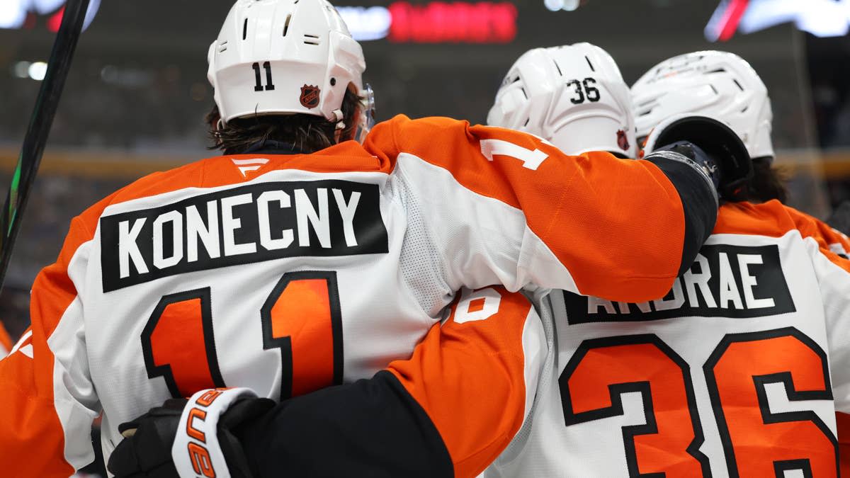 Philadelphia Flyers right wing Travis Konecny (11) celebrates his goal with teammates during the third period against the Buffalo Sabres at KeyBank Center.Timothy T&period; Ludwig-Imagn Images