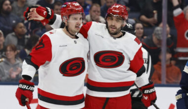 Mar 31, 2026; Columbus, Ohio, USA; Carolina Hurricanes defenseman Shayne Gostisbehere (4) celebrates his goal against the Columbus Blue Jackets during the first period at Nationwide Arena.