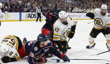 Mar 29, 2026; Columbus, Ohio, USA; Columbus Blue Jackets center Boone Jenner (38) reaches for the loose puck with Boston Bruins center Mark Kastelic (47) during the second period at Nationwide Arena.