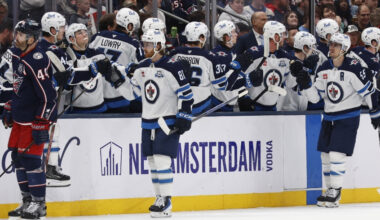 Apr 4, 2026; Columbus, Ohio, USA; Winnipeg Jets left wing Kyle Connor (81) celebrates his goal against the Columbus Blue Jackets during the second period at Nationwide Arena.