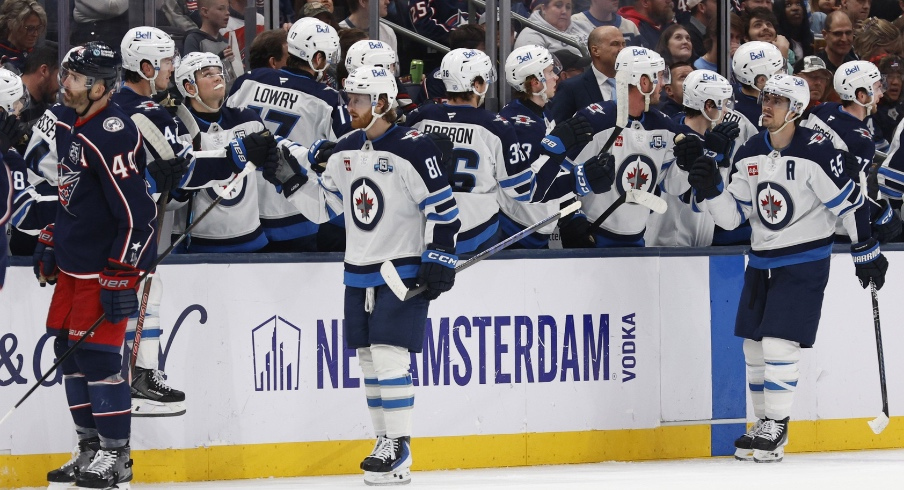 Apr 4, 2026; Columbus, Ohio, USA; Winnipeg Jets left wing Kyle Connor (81) celebrates his goal against the Columbus Blue Jackets during the second period at Nationwide Arena.