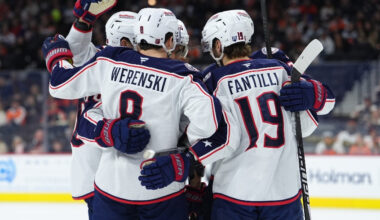 Mar 24, 2026; Philadelphia, Pennsylvania, USA; Columbus Blue Jackets defenseman Zach Werenski (8) celebrates with teammates after scoring a goal against the Philadelphia Flyers in the second period at Xfinity Mobile Arena.