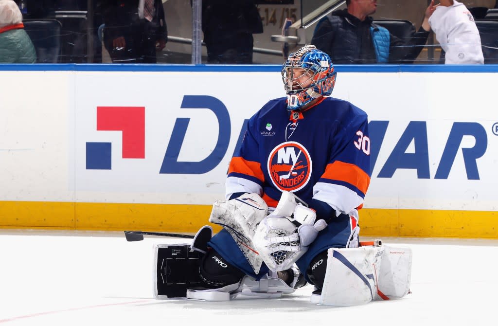 With the New York Islanders losing 3-0 in the third period to the Montréal Canadiens Ilya Sorokin #30 of the New York Islanders rests during a timeout at UBS Arena. Getty Images