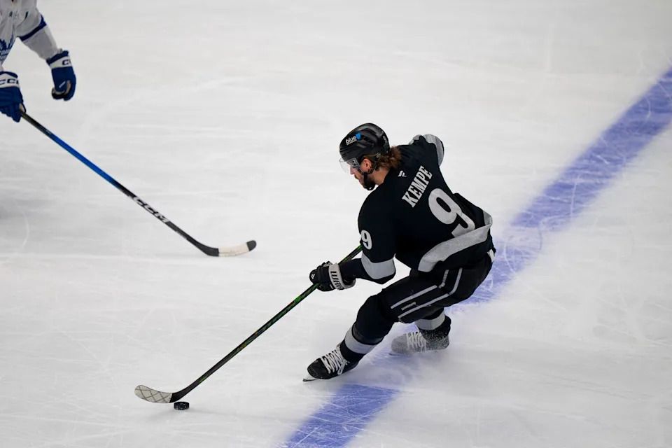 Los Angeles Kings right wing Adrian Kempe (9) skating with the puck during an NHL hockey game against the Toronto Maple Leafs on April 4th, 2026 in Los Angeles, CA.