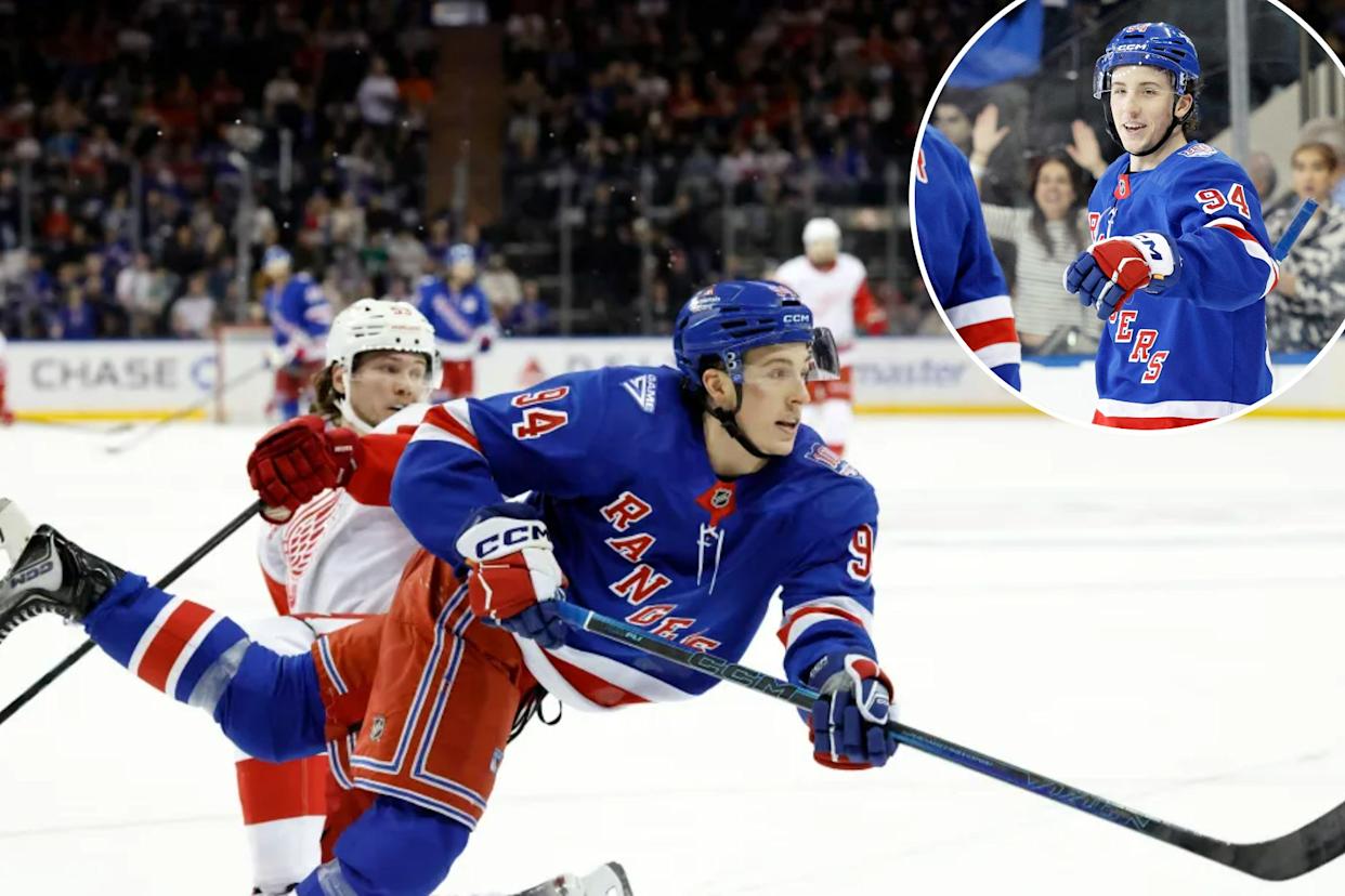 An image collage containing 2 images, Image 1 shows Gabe Perreault #94 of the New York Rangers scores a goal during the third period at Madison Square Garden, Saturday April 4th, 2026, in New York, NY. , Image 2 shows New York Rangers is greeted by center J.T. Miller #8 of the New York Rangers after he scores a goal during the third period at Madison Square Garden, Saturday April 4th, 2026, in New York, NY