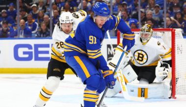 Buffalo Sabres score four third-period goals to stun Boston Bruins in playoff opener