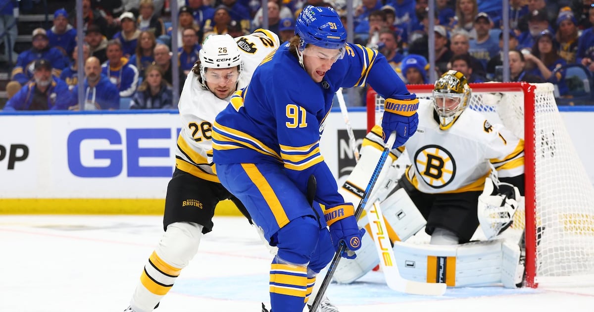 Buffalo Sabres score four third-period goals to stun Boston Bruins in playoff opener
