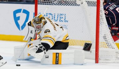 Boston Bruins' Jeremy Swayman makes a save against the Columbus Blue Jackets during the first period of an NHL hockey game, Sunday, March 29, 2026, in Columbus, Ohio. (AP Photo/Jay LaPrete)