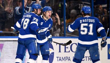 Tampa Bay Lightning defenseman Emil Lilleberg (78), left wing Brandon Hagel (38) and defenseman Charle-Edouard D'Astous (51) celebrate Hagel's goal during the third period of an NHL hockey game against the Nashville Predators, Sunday, March 29, 2026, in Tampa, Fla. (AP Photo/Jason Behnken)