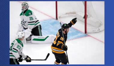 Boston Bruins center Elias Lindholm (28) celebrates after his goal against Dallas Stars goaltender Jake Oettinger, rear, during the third period of an NHL hockey game, Tuesday, March 31, 2026, in Boston. (AP Photo/Charles Krupa)