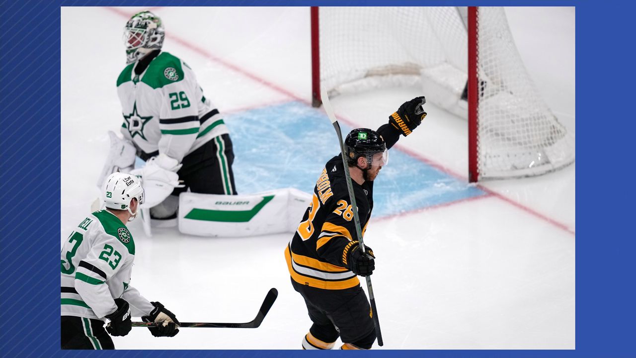 Boston Bruins center Elias Lindholm (28) celebrates after his goal against Dallas Stars goaltender Jake Oettinger, rear, during the third period of an NHL hockey game, Tuesday, March 31, 2026, in Boston. (AP Photo/Charles Krupa)