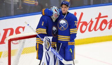 Buffalo Sabres goaltender Ukko-Pekka Luukkonen (1) and center Tage Thompson (72) celebrate victory