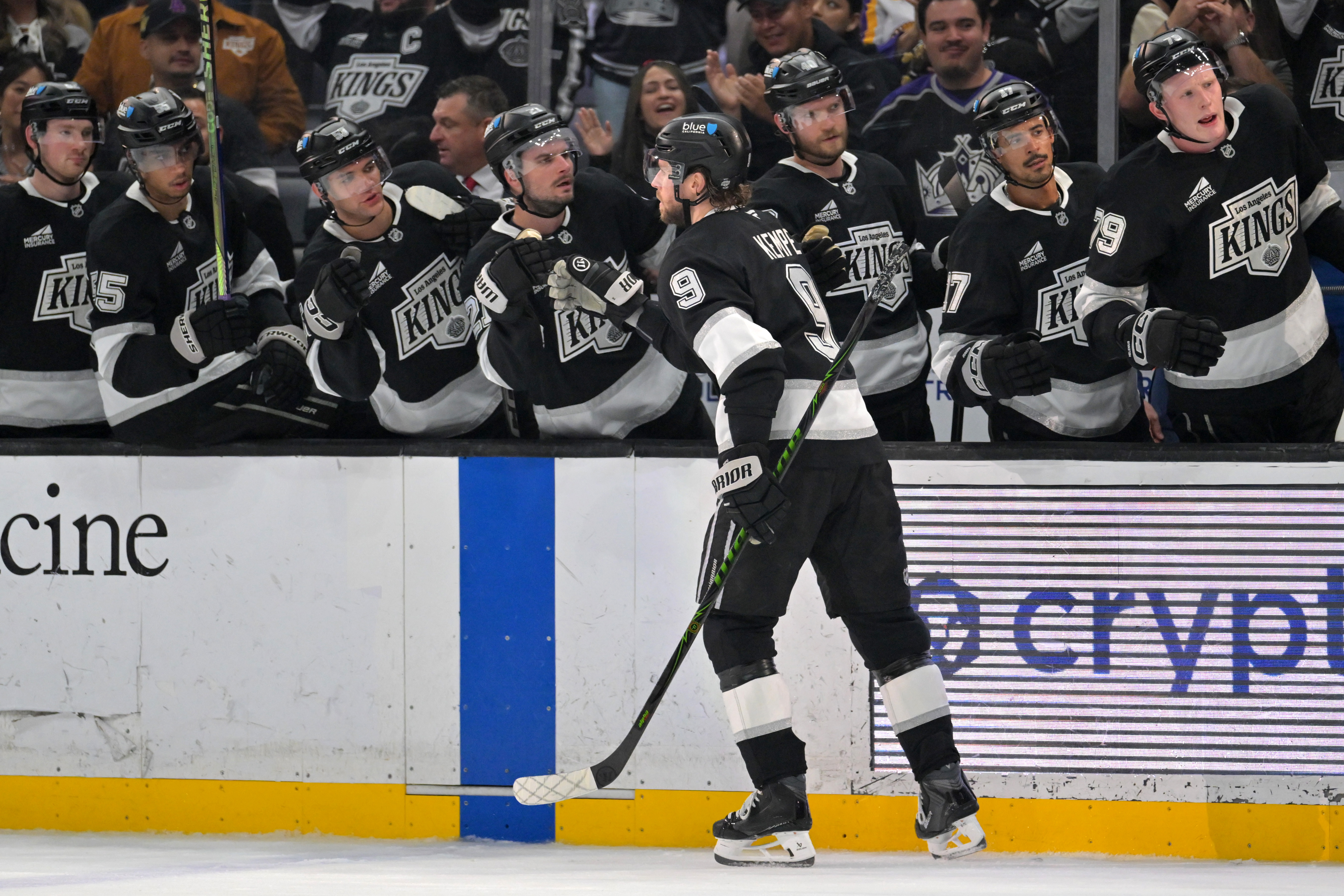 Kings right wing Adrian Kempe (9) is congratulated at the...