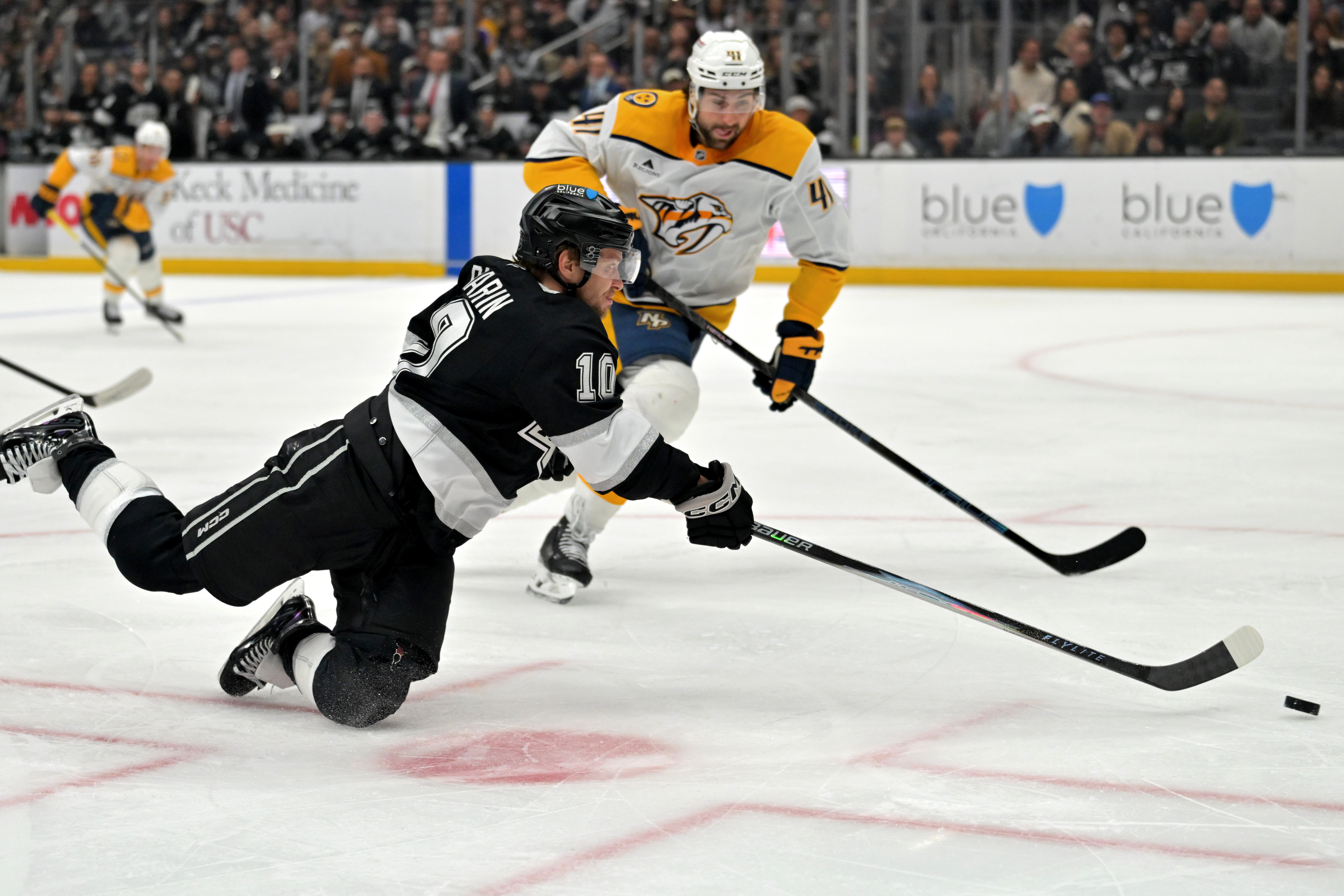 Nashville Predators defenseman Nicolas Hague (41) looks on as Kings...