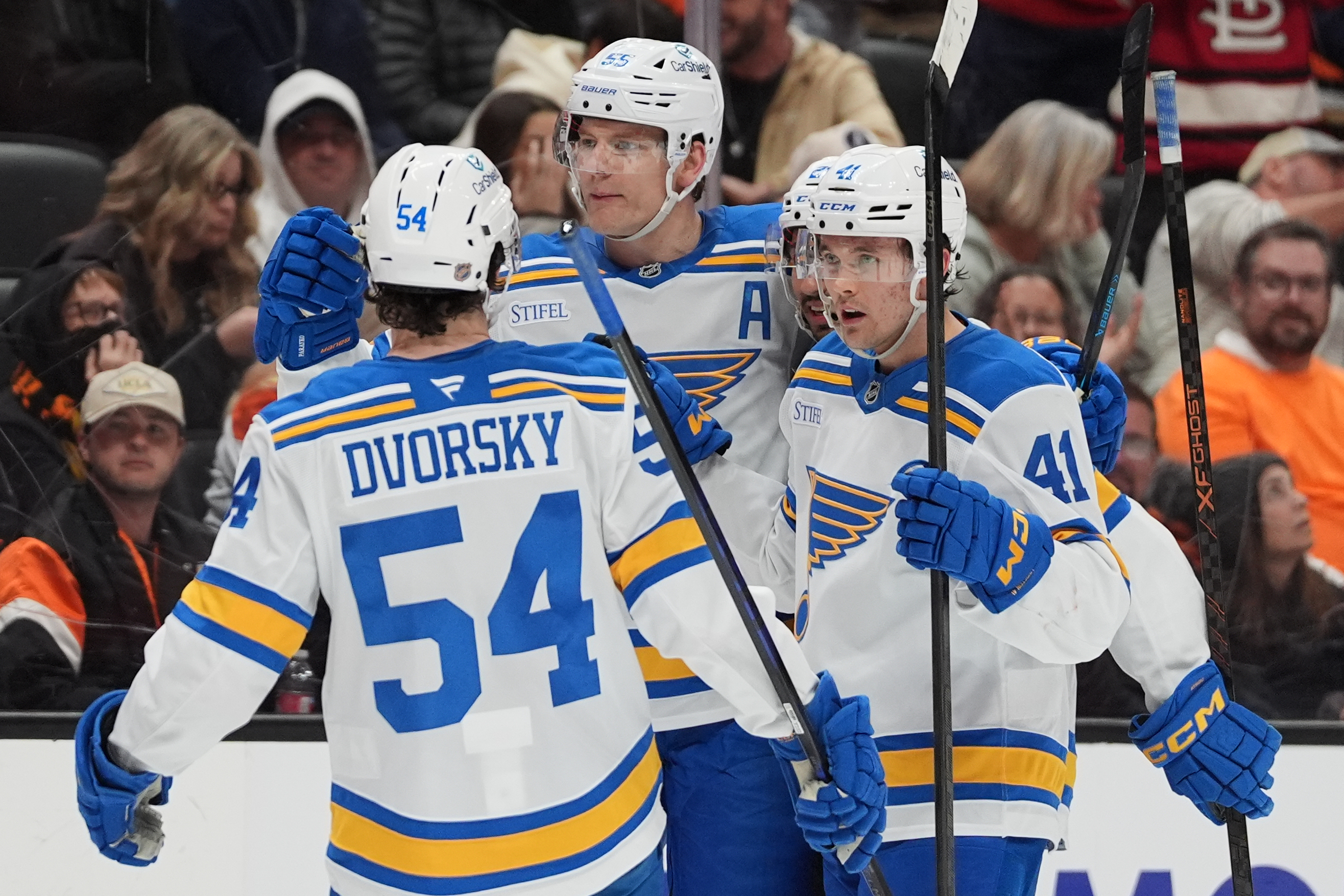 St. Louis Blues defenseman Colton Parayko, center, celebrates his goal...