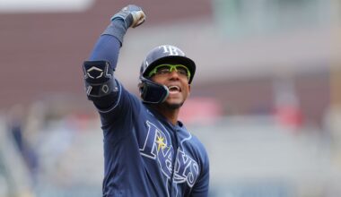 Tampa Bay Rays' Richie Palacios celebrates after hitting a two-run home run during the 10th inning of a baseball game against the Minnesota Twins, Sunday, April 5, 2026, in Minneapolis. (AP Photo/Bailey Hillesheim)
