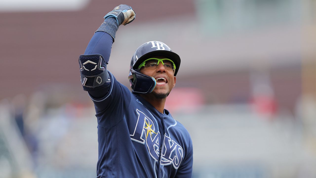 Tampa Bay Rays' Richie Palacios celebrates after hitting a two-run home run during the 10th inning of a baseball game against the Minnesota Twins, Sunday, April 5, 2026, in Minneapolis. (AP Photo/Bailey Hillesheim)