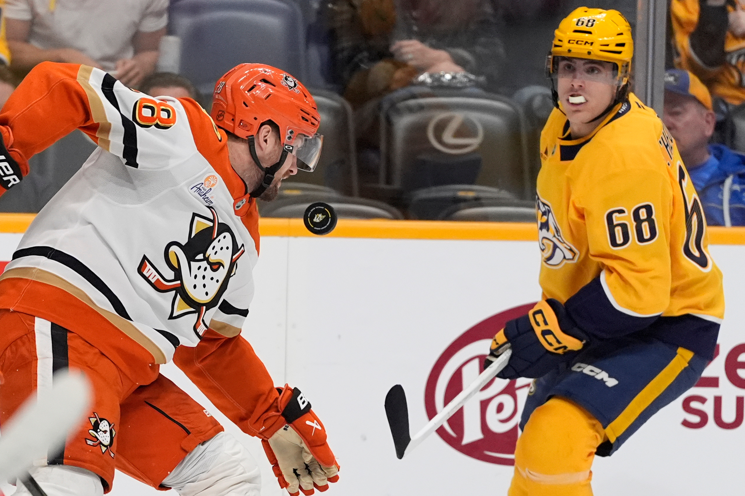 Ducks left wing Jeffrey Viel (28) chases a loose puck...