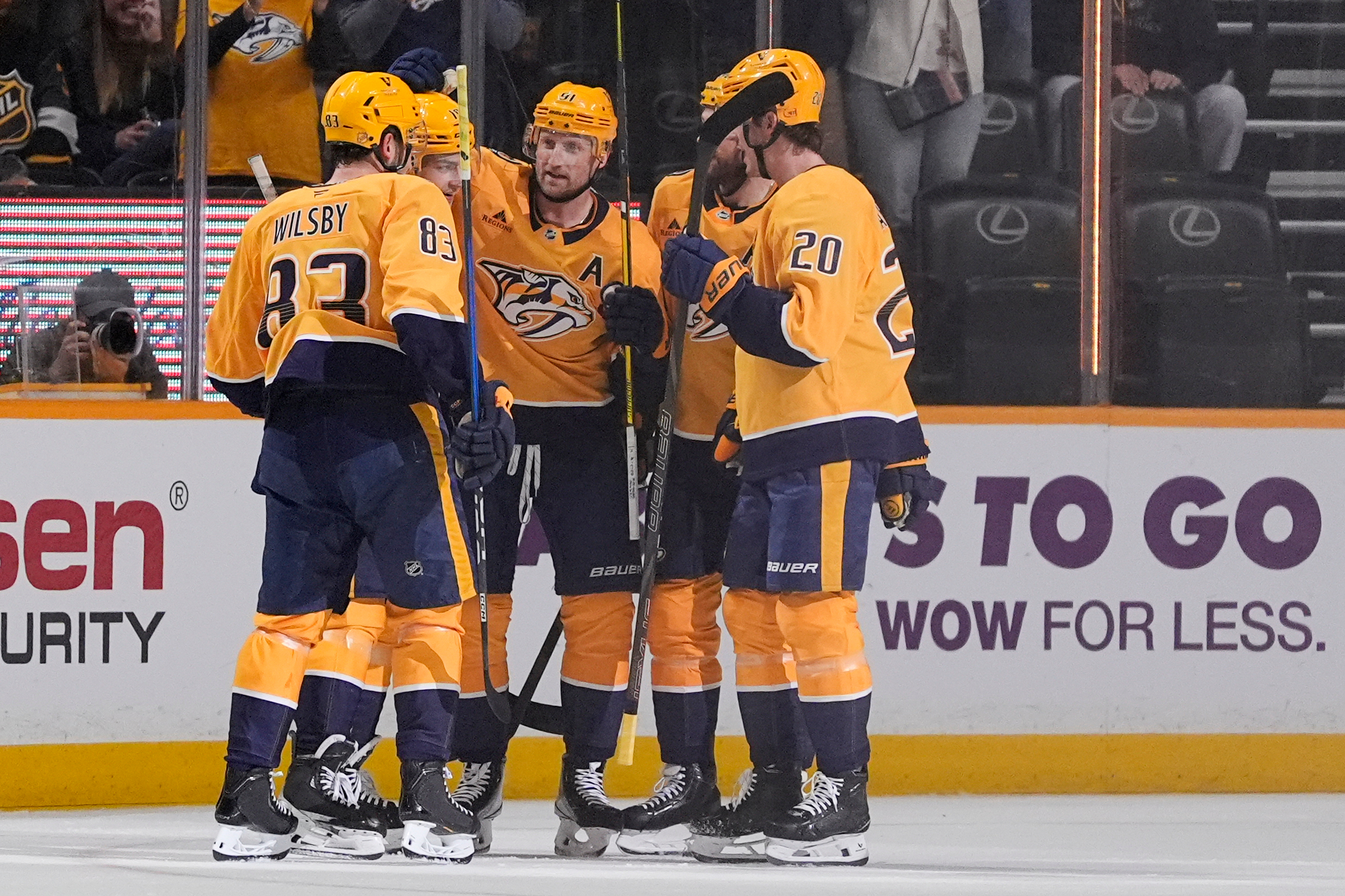 Nashville Predators center Steven Stamkos (91) celebrates his goal with...