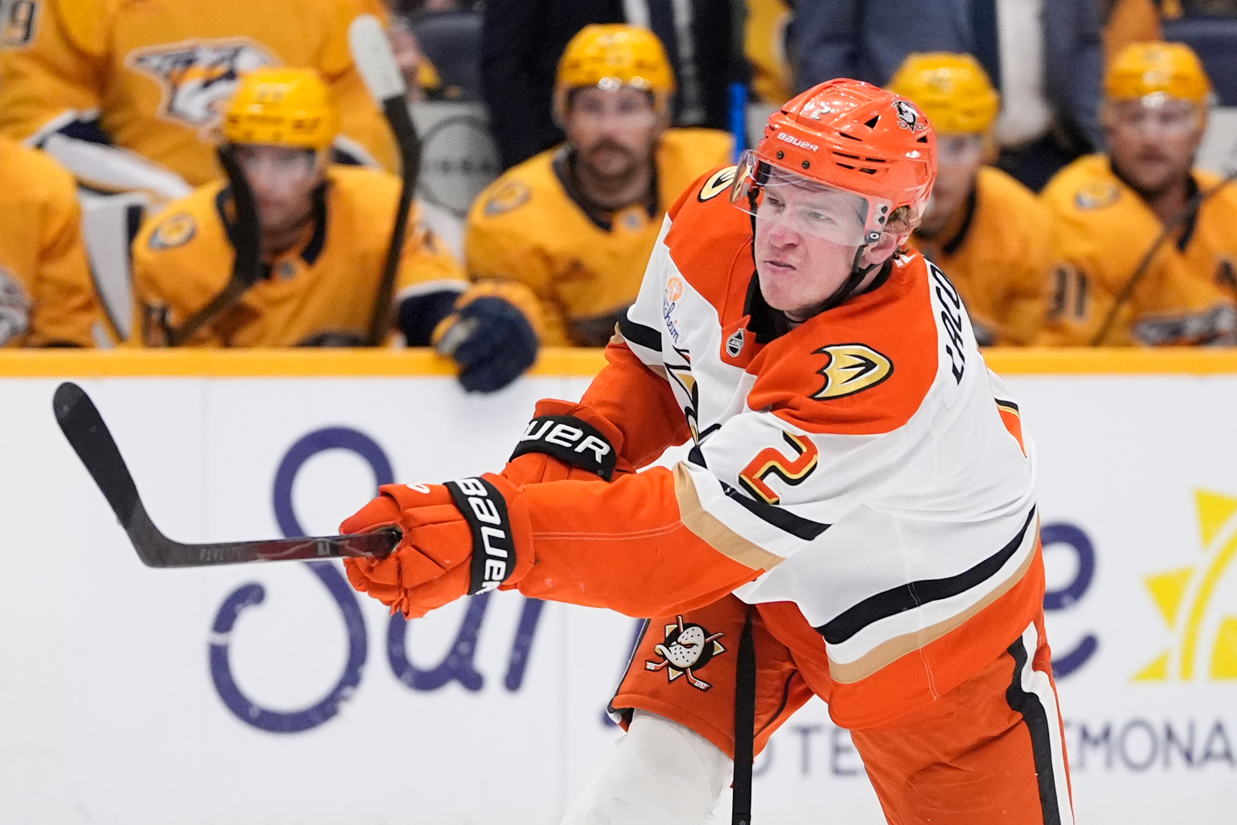 Ducks defenseman Jackson LaCombe (2) plays during the first period...