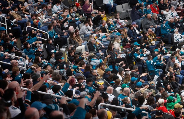 Hockey fans watch the Vegas Golden Knights play against the San Jose Sharks in the second period at the SAP Center in San Jose, Calif., on Sunday, Jan. 11, 2026. (Nhat V. Meyer/Bay Area News Group)