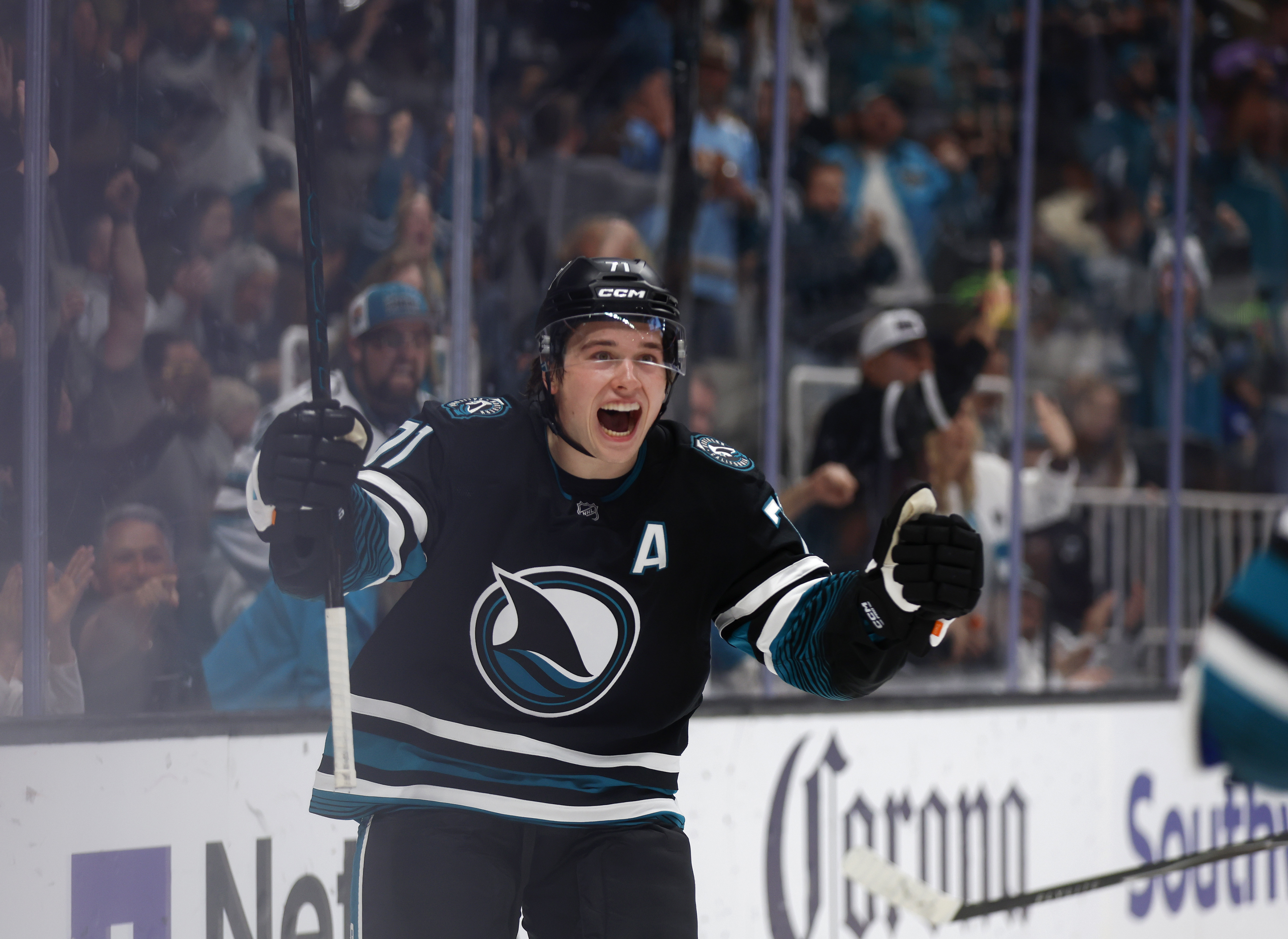 San Jose Sharks' Macklin Celebrini (71) celebrates his goal, his...