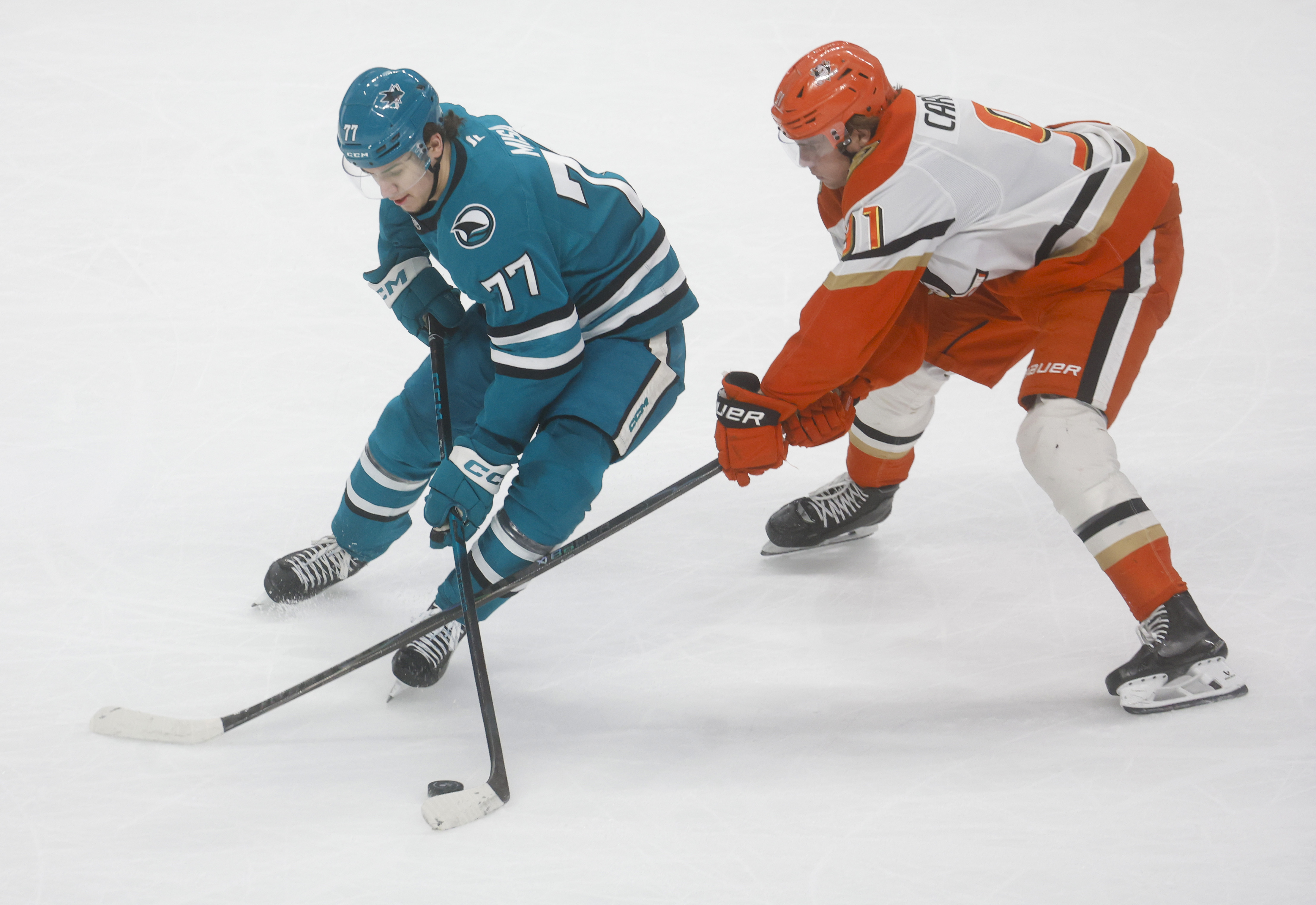San Jose Sharks' Michael Misa (77) controls the puck against...