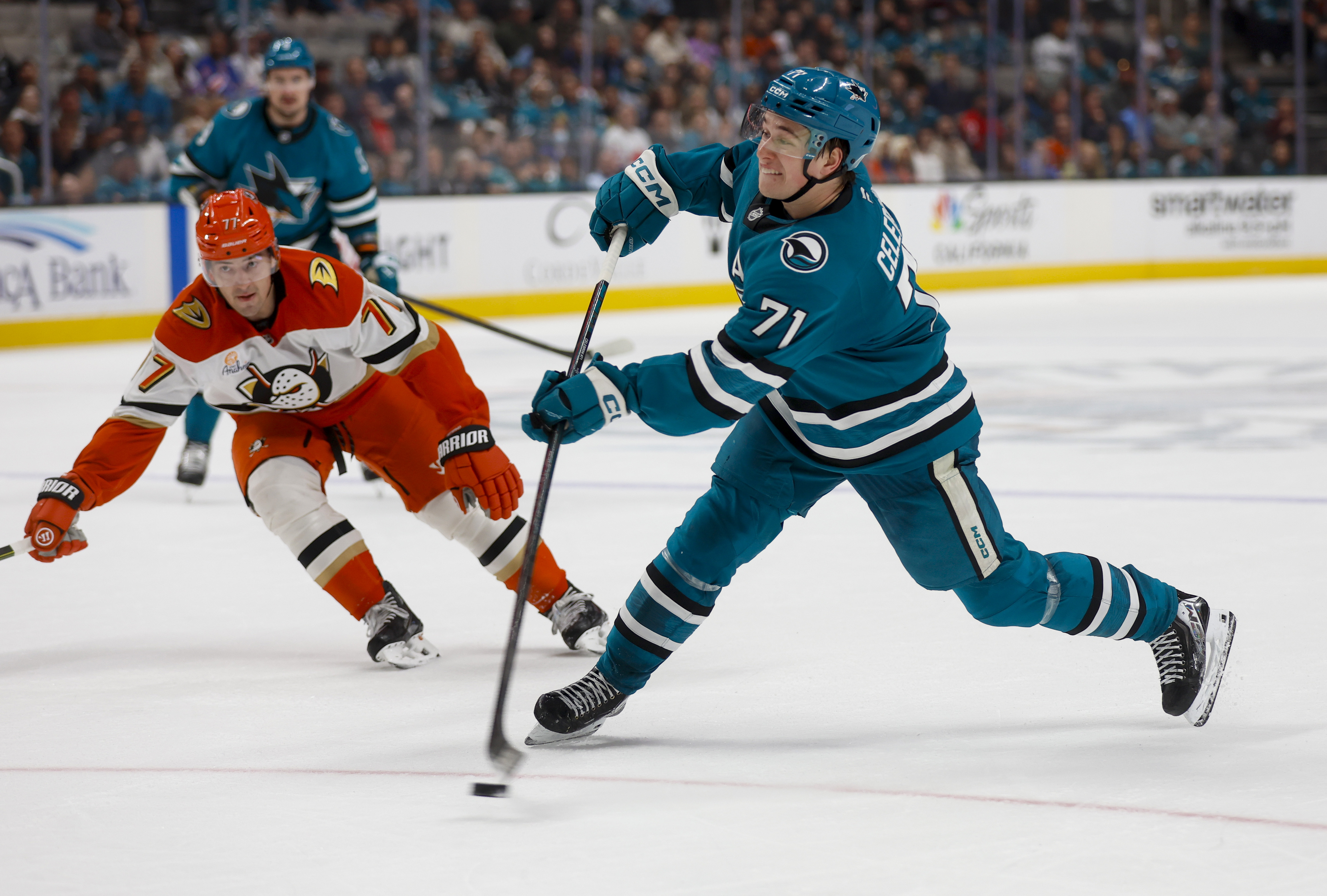 San Jose Sharks' Macklin Celebrini (71) scores a goal against...