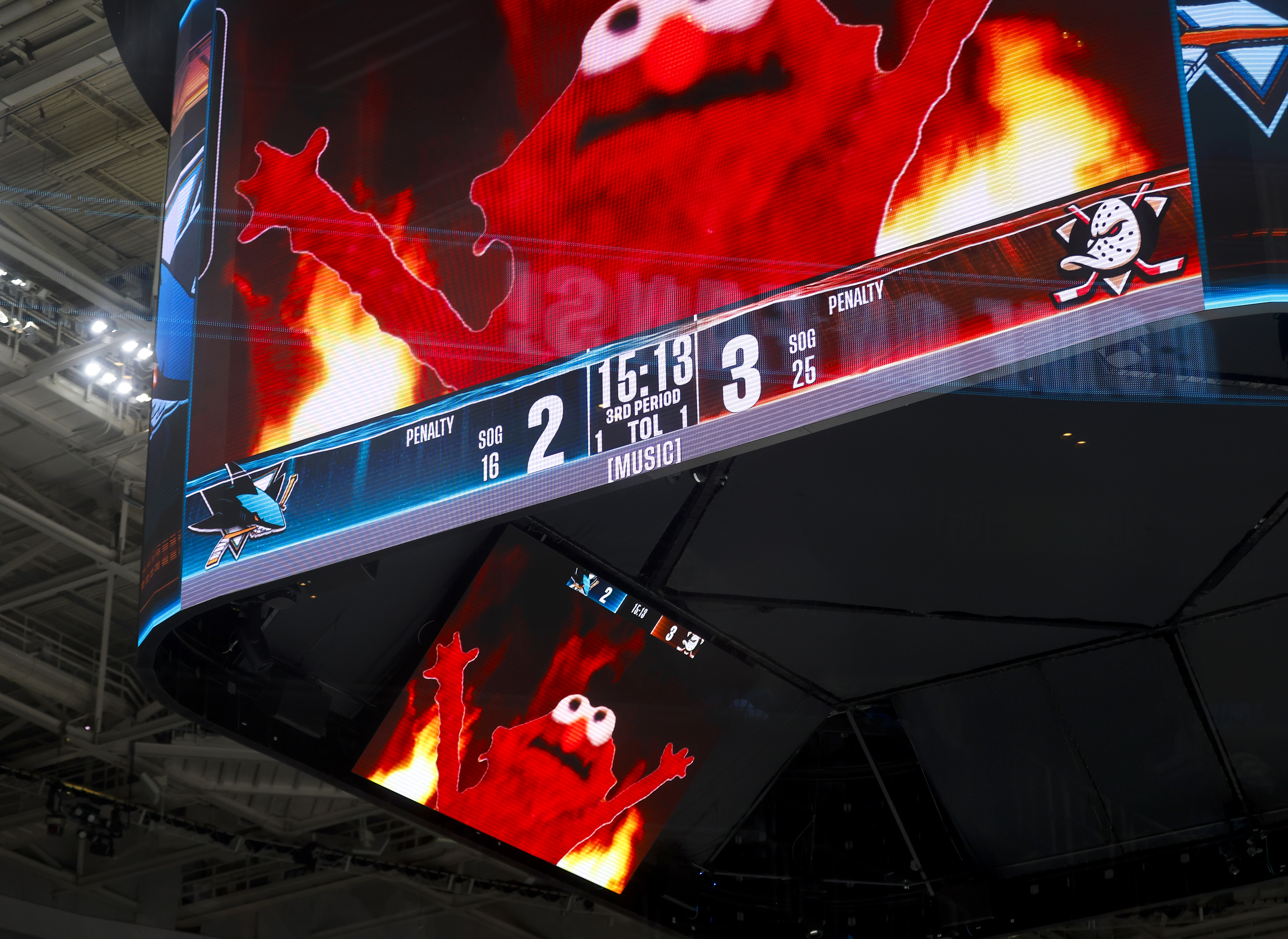 Elmo is shown after a fight during the Anaheim Ducks...