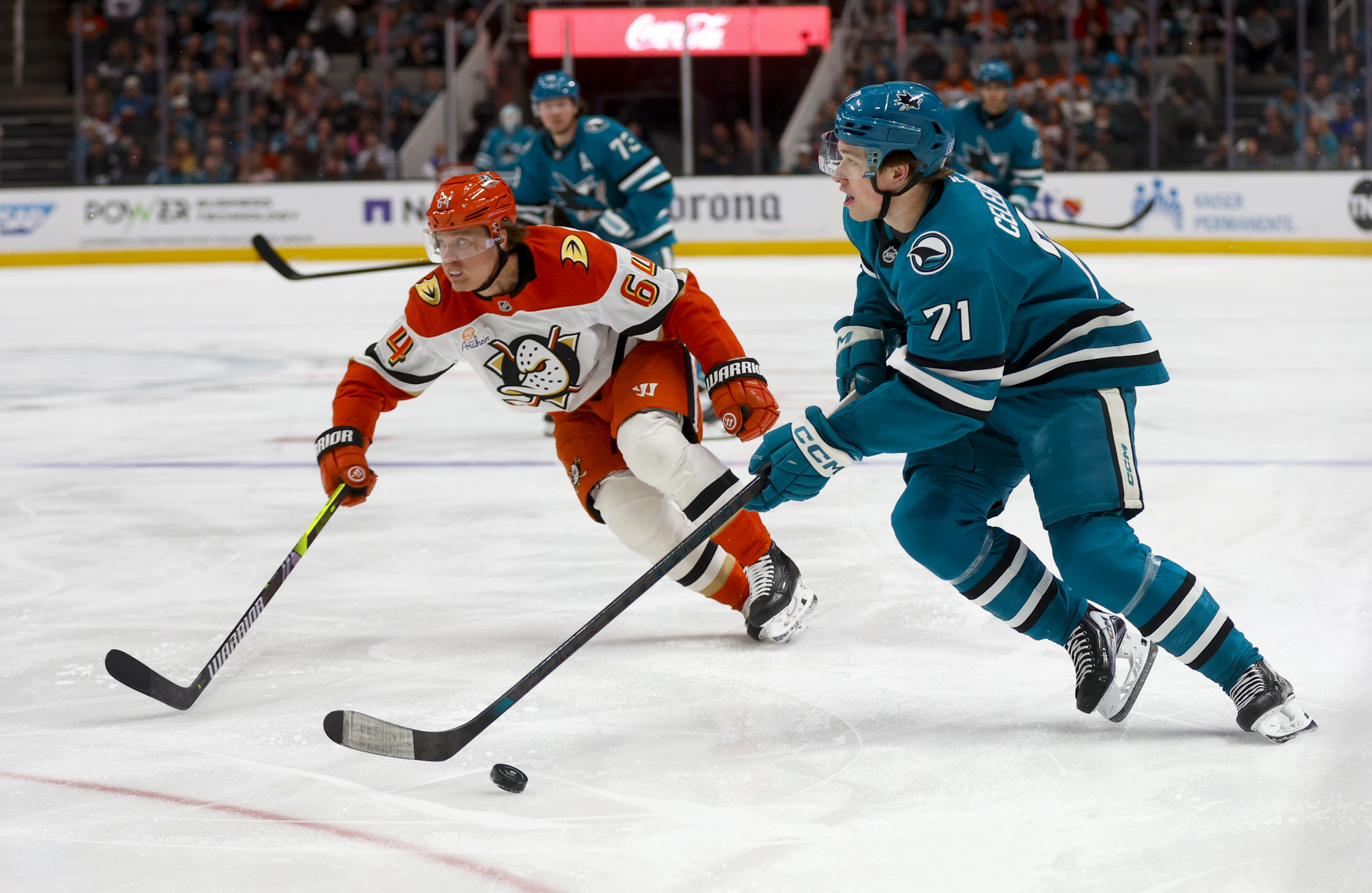 San Jose Sharks' Macklin Celebrini (71) controls the puck against...