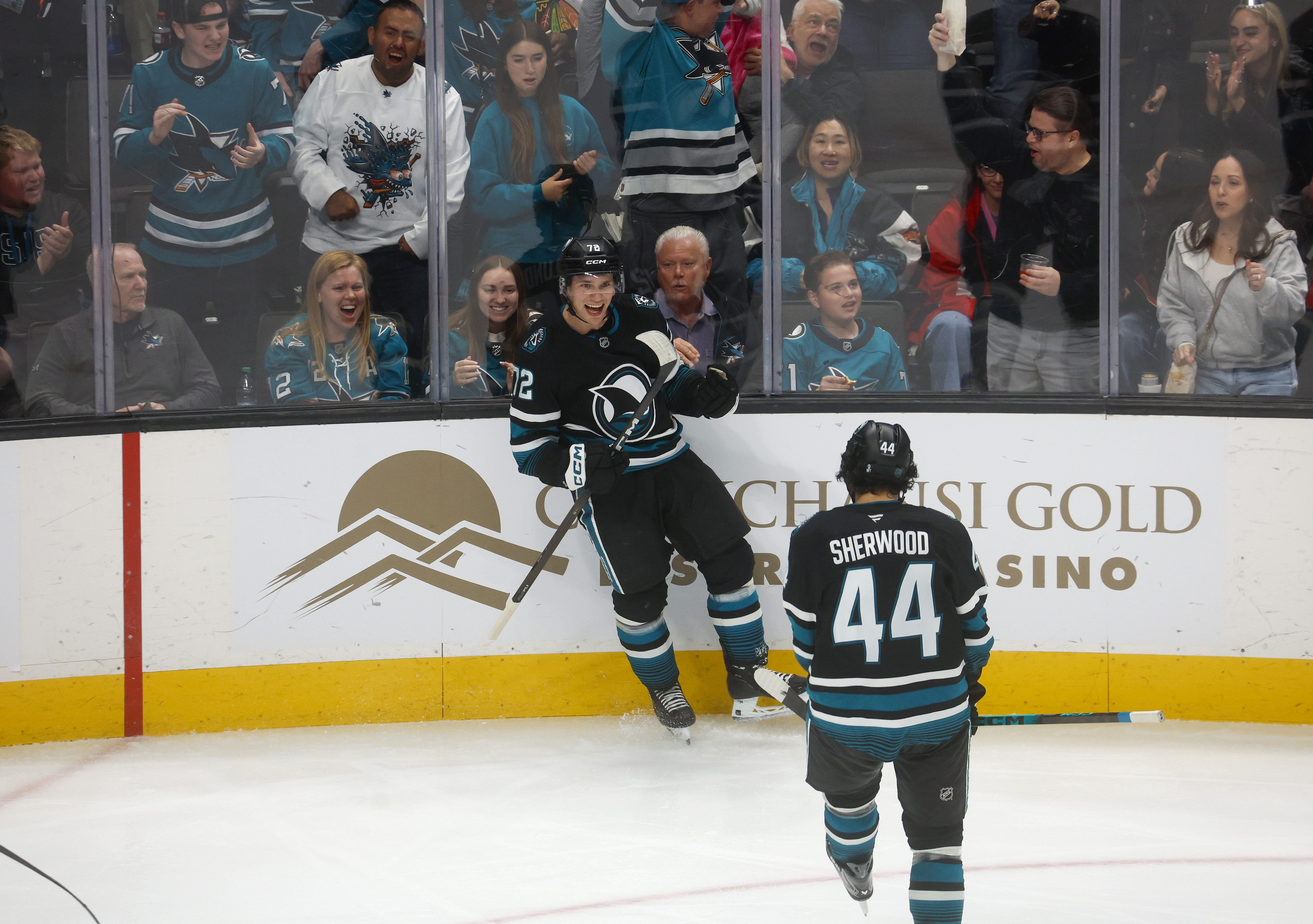 San Jose Sharks’ William Eklund (72) celebrates his goal with...