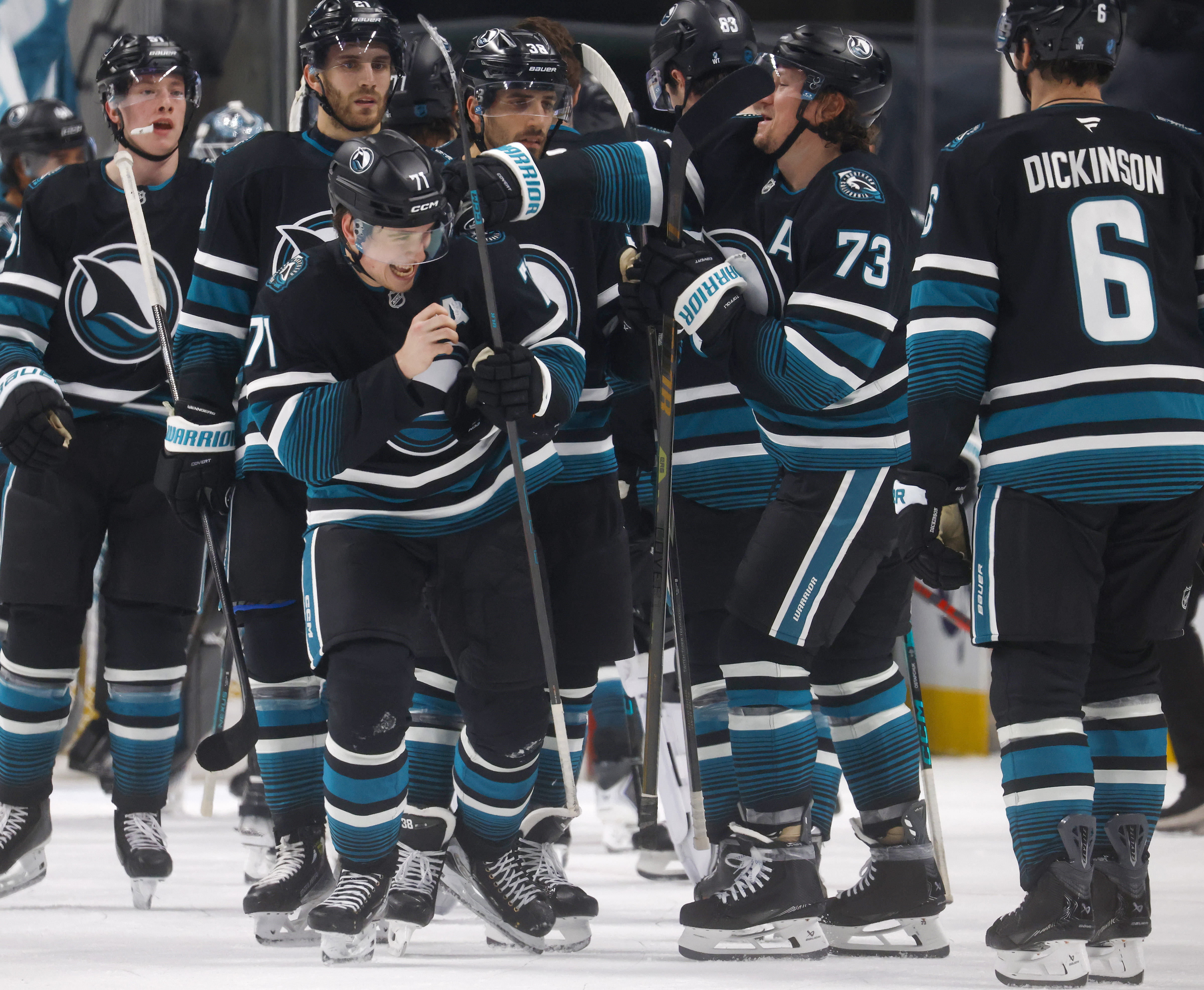 San Jose Sharks’ Macklin Celebrini (71) celebrates their 3-2 win...